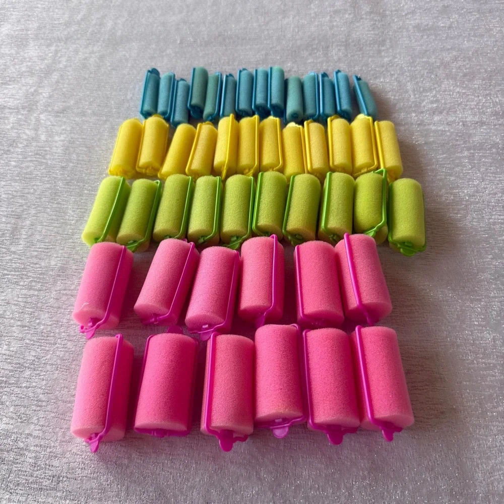 48pc Foam Sponge Hair Roller Set Pink Green Yellow Blue Curlers w/ Storage Bag